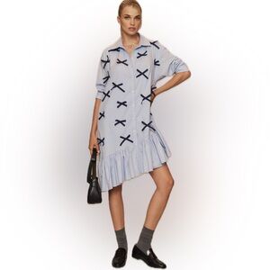 Anthropologie Maeve Blue Long-Sleeve 3D Bow Embellished Asymmetrical Mini Dress